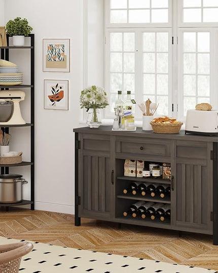 FATORRI Industrial Buffet Cabinet with Storage, Farmhouse Sideboard Cabinet with Wine Rack, Rustic Wood Coffee Bar Cabinet for Kitchen (55.12 Inch, Walnut Brown) - LeafyLoom
