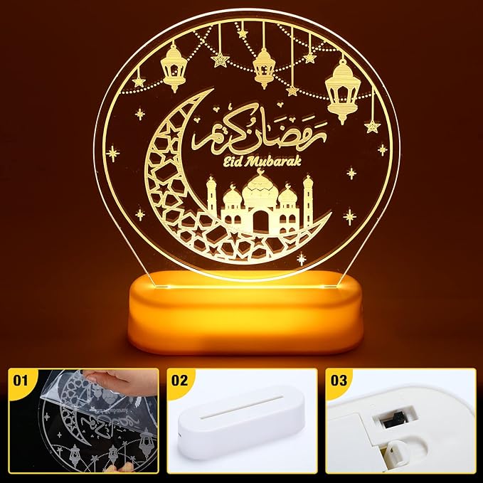 Honoson Ramadan Table Decoration for Home 2024 Ramadan LED Lights Eid Mubarak Star Moon Shaped Kids Night Lamp Ornaments Ramadan Mubarak Gift for Muslims Family Islamic Holiday Eid al Fitr Party - LeafyLoom