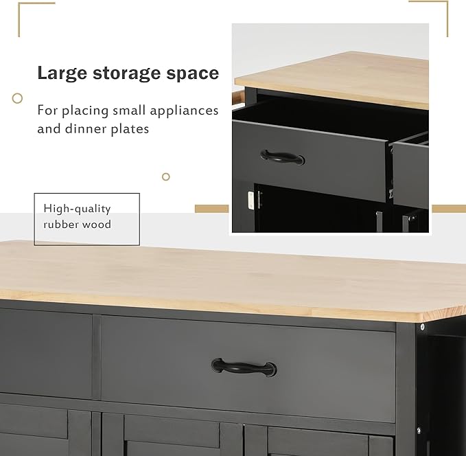 Kitchen Island with Storage, Rolling Table on Wheels w/ 4 Door Cabinet and 2 Drawers,Spice Rack, Towel Rack for Dinning Room - LeafyLoom
