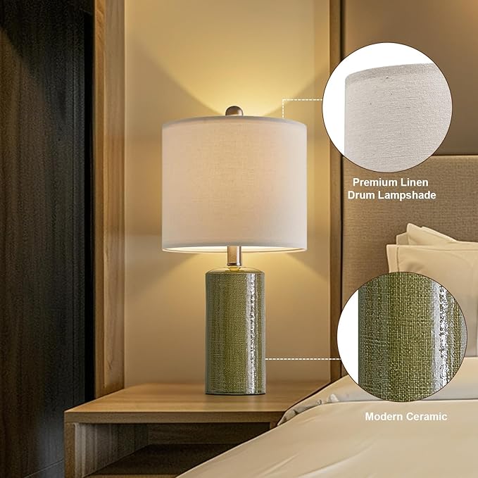 20.25" Small Table Lamps Set of 2 Modern Ceramic Lamps for Living Room Farmhouse Bedside Lamps Boho Lamps for Night Stands Green Bedroom Lamps Side Table Lamps End Table Lamps - LeafyLoom