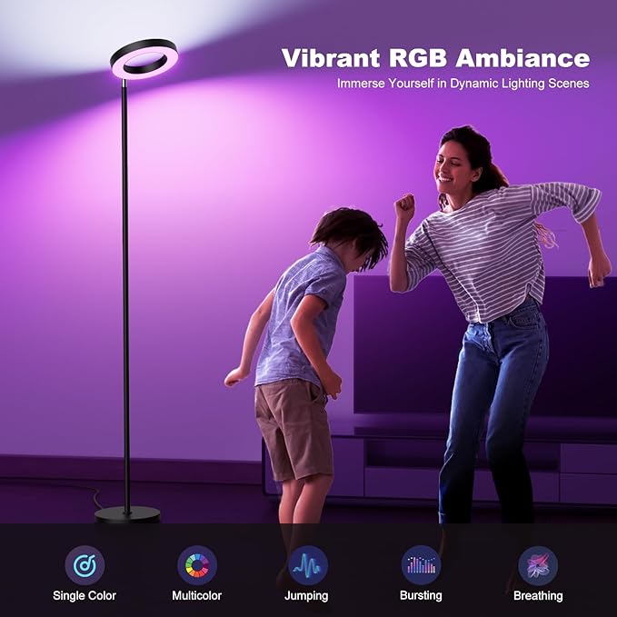 Dual-Sided RGBCW Floor Lamp, 42W 2800LM Bright Dimmable LED Standing Lamp with Remote Control, 350° Rotatable Head, Modern Color Changing Tall Lamps for Living Room Bedroom Studio Office Gaming Garage - LeafyLoom