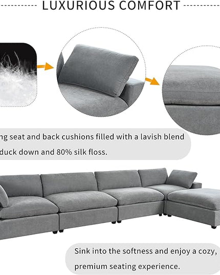 176.4 inch Oversized Sectional Sofa with Removable Ottoman, 5-Seater L Shaped Modular Corner Couch for Living Room, Office, Spacious Space, Grey - LeafyLoom