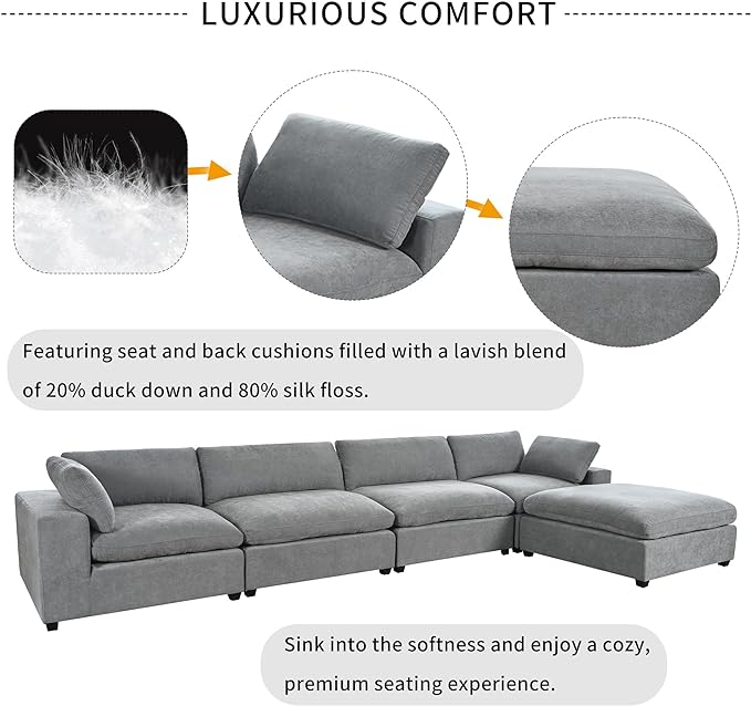 176.4 inch Oversized Sectional Sofa with Removable Ottoman, 5-Seater L Shaped Modular Corner Couch for Living Room, Office, Spacious Space, Grey - LeafyLoom