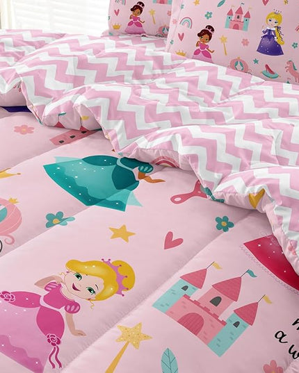 Kids Magical Princess Comforter Set Bed in a Bag Twin Size- 5 Piece Soft Cute Castle Bedding Set for Girls (1 Comforter, 1 Flat Sheet, 1 Fitted Sheet, 2 Pillowcases), Pink - LeafyLoom