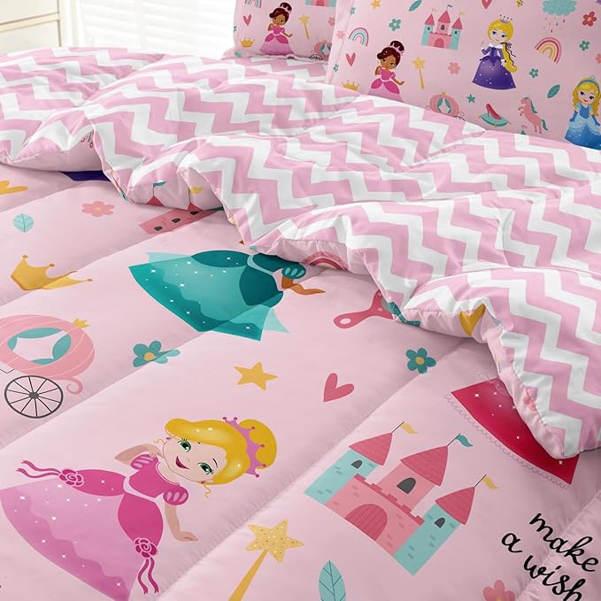 Kids Magical Princess Comforter Set Bed in a Bag Twin Size- 5 Piece Soft Cute Castle Bedding Set for Girls (1 Comforter, 1 Flat Sheet, 1 Fitted Sheet, 2 Pillowcases), Pink - LeafyLoom