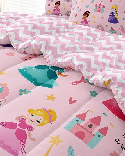 Kids Magical Princess Comforter Set Bed in a Bag Full Size- 5 Piece Soft Cute Castle Bedding Set for Girls (1 Comforter, 1 Flat Sheet, 1 Fitted Sheet, 2 Pillowcases), Pink - LeafyLoom