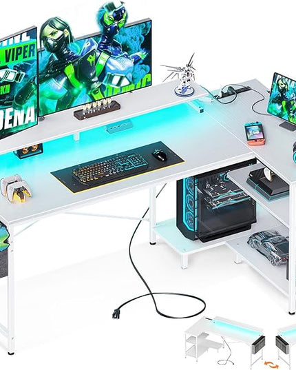ODK 58 Inch Gaming Desk with USB Charging Ports and LED Lights, Reversible L Shaped Computer Desk with Storage Shelves & Monitor Stand, Corner Home Office Desk Table with Power Outlets, White - LeafyLoom