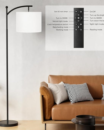 Ambimall Floor Lamp with Remote Control and Stepless Dimmable Bulb, Colors Temperature & Brightness Adjustable, Modern Floor Lamps for Living Room（White Shade & Black Pole） - LeafyLoom