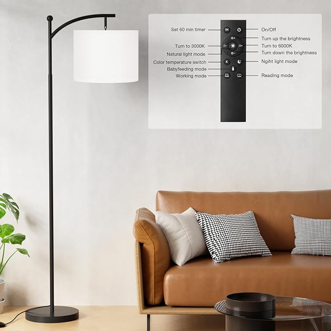 Ambimall Floor Lamp with Remote Control and Stepless Dimmable Bulb, Colors Temperature & Brightness Adjustable, Modern Floor Lamps for Living Room（White Shade & Black Pole） - LeafyLoom
