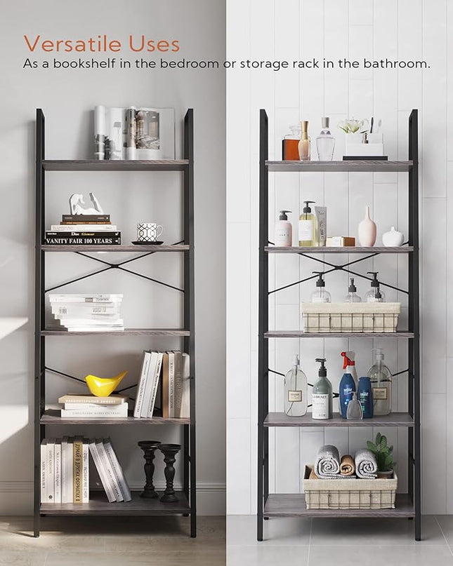 Yusong Bookshelf, Ladder Shelf 5-Tier Bookcase for Bedroom, Industrial Book Shelves Storage Rack with Metal Frame for Home Office, Gray - LeafyLoom