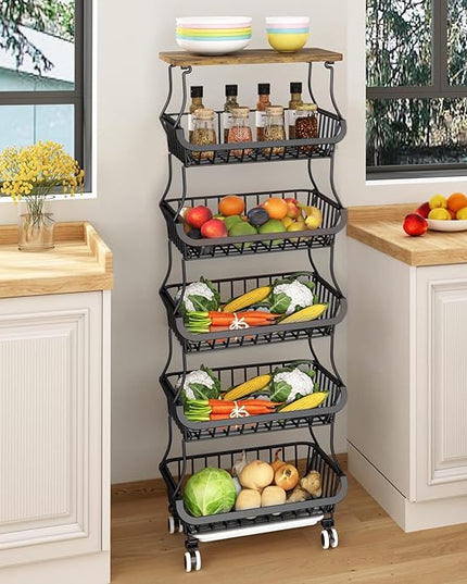 Wisdom Star 6 Tier Fruit Vegetable Basket for Kitchen with Wooden Tabletop, Storage Cart Vegetable Basket Bins for Onions and Potatoes, Wire Storage Basket Organizer Utility Cart with Wheels, Black - LeafyLoom