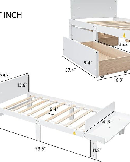 Twin Bed with 2 Drawers,Storage Platform Bed with Footboard Beach and Headboard,Pine Wood Twin Size Bed Frame High Stable for Kids,Boys,Girls,Teens, No Box Spring Needed,White - LeafyLoom
