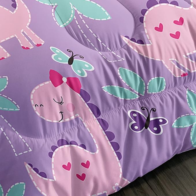 Axolotl Cute Dinosaur Comforter Set Full Size,Girls Bedding Cartoon Dinosaur Bedding Set for Girls Teens Kids Boys Adults Room Decor,Kids Comforter Set All Season,1 Quilt 2 Pillow Cases,Purple - LeafyLoom