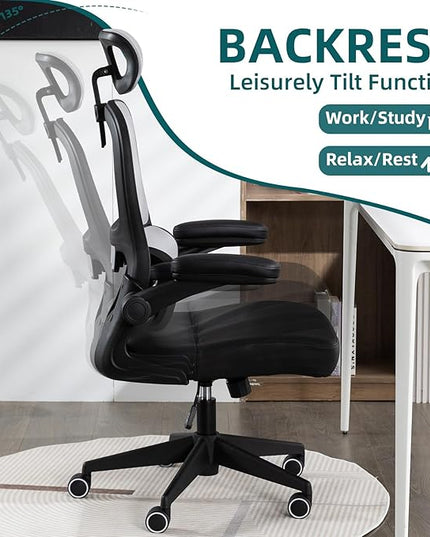 Home Office Chair High Back Computer Desk Chair Ergonomic Task Chair Executive Chair with Lumbar Support Recliner Chair with Adjustable Headrest,Flip-up Armrests (Gray with Nylon Base) - LeafyLoom