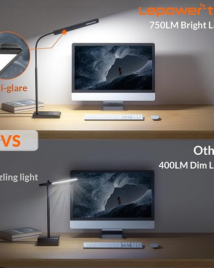 LED Desk Lamp, 12W Reading Desk Lamp for Office Home with 60 Lighting Modes, Touch Control & Timer Function, 750LM Bright Eye-Caring Gooseneck Desk Light Table Lamp for Study, Work, Black - LeafyLoom