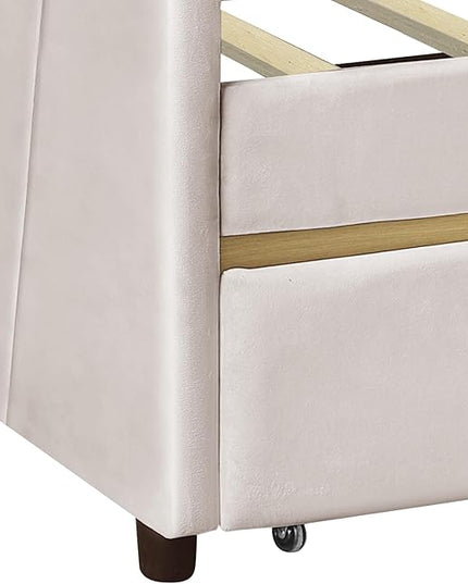 Twin Size Upholstered Daybed with Two Drawers, Wood Slat Support Sofa Bed with Armrest, No Box Spring Needed, Easy to Assemble, for Studio, Bedroom, Living, Guest Room, Beige - LeafyLoom