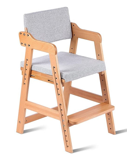 Ezebaby Wooden High Chair, Adjustable Highchair for Toddlers to Teens with Steps, Kids Dining Chair, Study Chair with Removable Cushion (Natural Color) - LeafyLoom