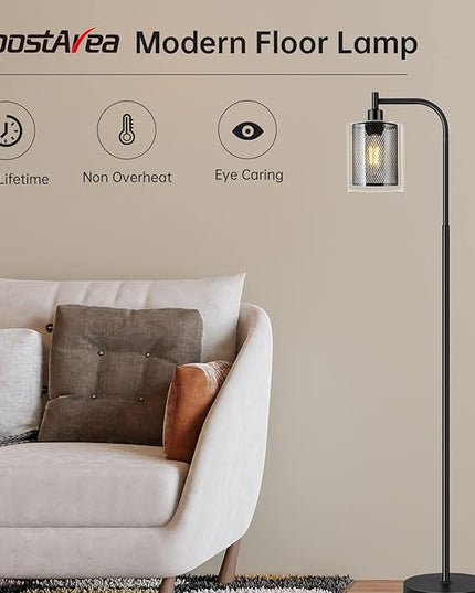 BoostArea Industrial Floor Lamp, Standing Lamp with 2 in 1 Iron Mesh Glass Lampshade, 6W LED Bulb Included, Foot Switch, Bright Modern Floor Lamp for Living Room and Bedroom, Office, Simple Style - LeafyLoom