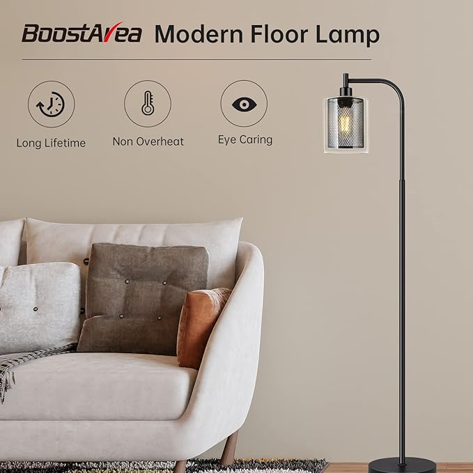 BoostArea Industrial Floor Lamp, Standing Lamp with 2 in 1 Iron Mesh Glass Lampshade, 6W LED Bulb Included, Foot Switch, Bright Modern Floor Lamp for Living Room and Bedroom, Office, Simple Style - LeafyLoom