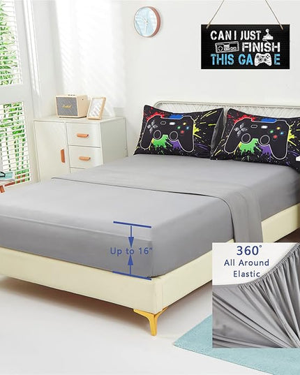 KAKKI 5 Piece Boys Queen Gamer Comforter Set with Sheets, 3D Colorful Video Game Controller Comforter for Kids Teen, All Season Soft Microfiber Gaming Bedding Set(Black,Queen) - LeafyLoom