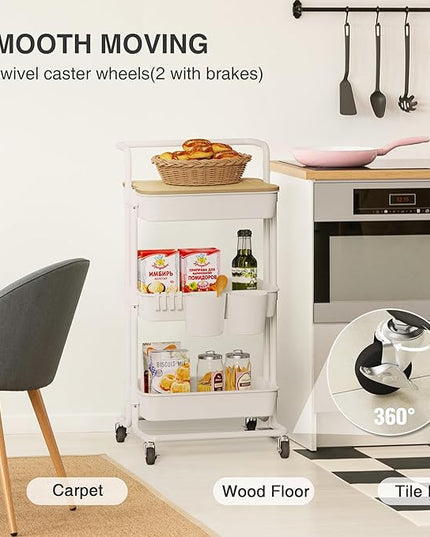 DTK 3 Tier Rolling Utility Cart with Cover Top Board, Movable Kitchen Storage Cart Trolley with Lockable Wheels, Cups, Hooks for Kitchen Bathroom Home Office Art Craft Storage and Organization(White) - LeafyLoom