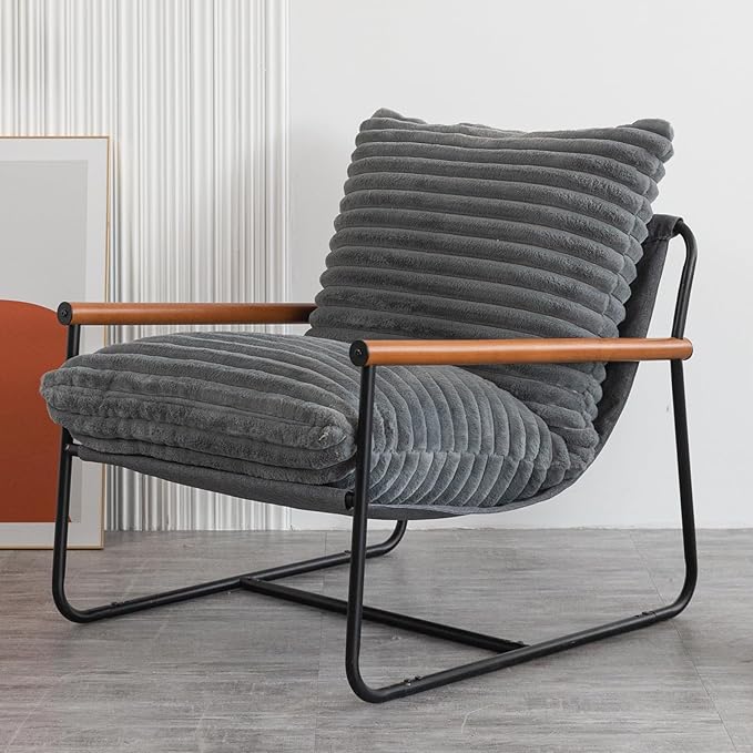 MAXYOYO Accent Chair, Sherpa Arm Chair for Living Room, Mid Century Modern Accent Chairs, Boucle Reading Bedroom Chair, Teddy Armchair, Wooden Arms Metal Frame - LeafyLoom