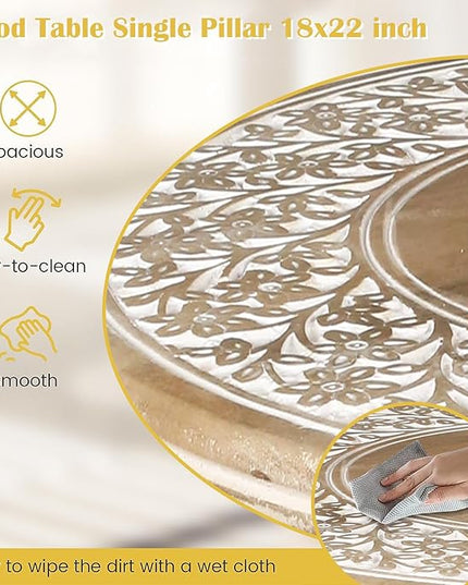 Round End Table,Small Table,Side Table, Side Tables Living Room,End Table,Round Side Table,Altar Table, Carved Side Table,Wood Accent Table,Carved Wood Table Single Pillar 18x22 inch White Wash - LeafyLoom