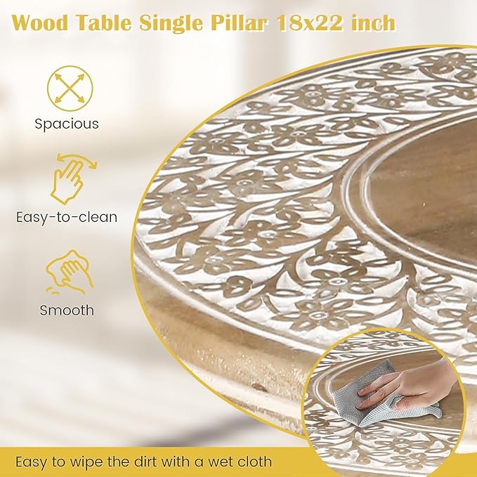 Round End Table,Small Table,Side Table, Side Tables Living Room,End Table,Round Side Table,Altar Table, Carved Side Table,Wood Accent Table,Carved Wood Table Single Pillar 18x22 inch White Wash - LeafyLoom