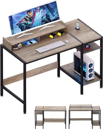 Computer Desk - 47” Gaming Desk, Home Office Desk with Storage, Small Desk with Monitor Stand, Writing Desk for 2 Monitors, Adjustable Storage Space, Modern Design Corner Table, Gray - LeafyLoom
