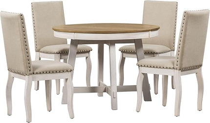 Farmhouse 5-Piece Extendable Dining Set, Round Table with 4 Upholstered Nailheads Outline Chairs, Oak Natural Wood + Antique White - LeafyLoom