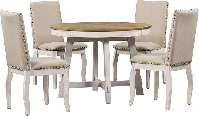 Farmhouse 5-Piece Extendable Dining Set, Round Table with 4 Upholstered Nailheads Outline Chairs, Oak Natural Wood + Antique White - LeafyLoom