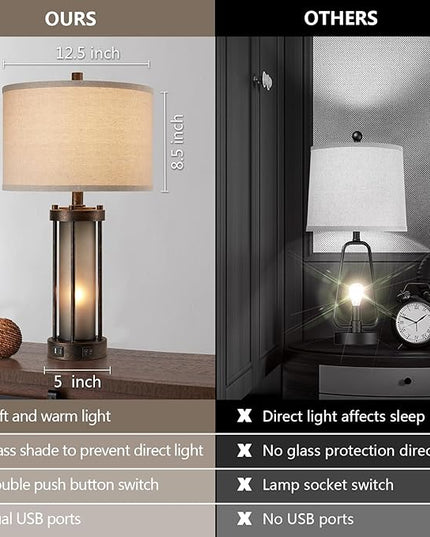 Set of 2 Farmhouse Table Lamps for Living Room, Vintage Rustic Nightstand Lamp with 2 USB Ports, Retro Gray Glass Night Light Desk Lamps for Bedroom Entryway, 4 Bulbs Included (Bronze Look) - LeafyLoom