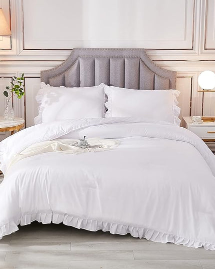 Andency White Comforters Queen Size, 3 Pieces Solid Shabby Chic Farmhouse Bedding Comforters & Sets, Lightweight Fluffy All Season Soft Down Alternative Bed Set for Women Men - LeafyLoom