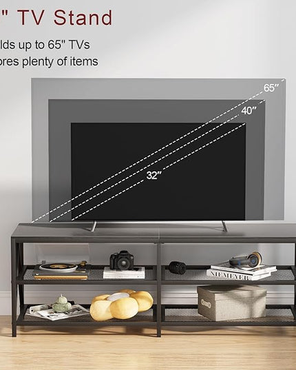 TV Stand for TV up to 65 Inch, Long 55" TV Cabinet with 3-Tier Storage Shelves,Entertainment Center TV Console Table for Living Room with Industrial TV Metal Frame, Black Oak - LeafyLoom