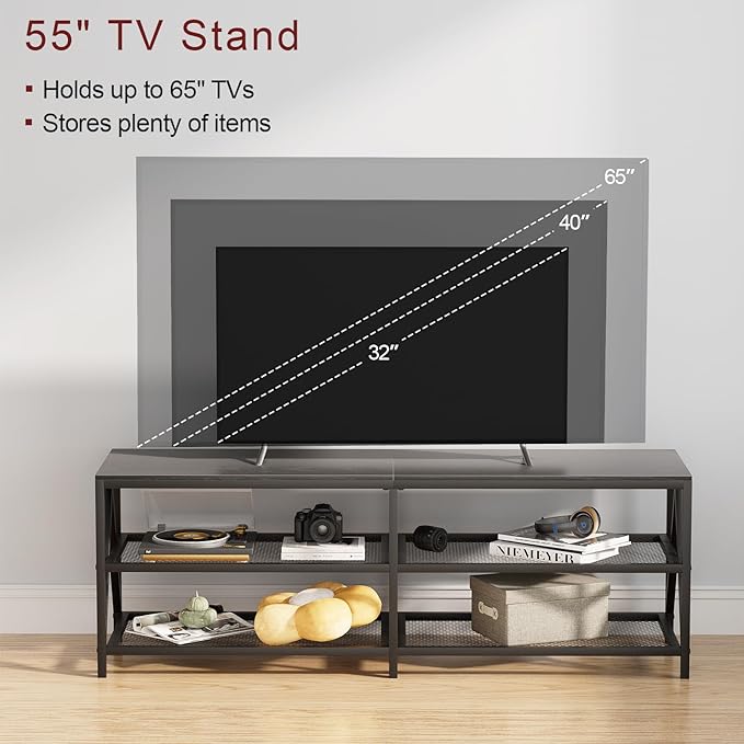 TV Stand for TV up to 65 Inch, Long 55" TV Cabinet with 3-Tier Storage Shelves,Entertainment Center TV Console Table for Living Room with Industrial TV Metal Frame, Black Oak - LeafyLoom