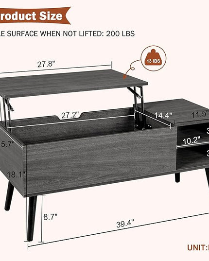 Lift Top Coffee Table with Storage, Oak Grey Coffee Table with Lifting Top, Hidden Compartment and Open Shelves, Mid-Century Modern Wood Coffee Table for Living Room, Small Space - LeafyLoom