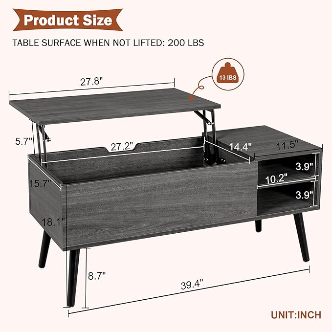 Lift Top Coffee Table with Storage, Oak Grey Coffee Table with Lifting Top, Hidden Compartment and Open Shelves, Mid-Century Modern Wood Coffee Table for Living Room, Small Space - LeafyLoom