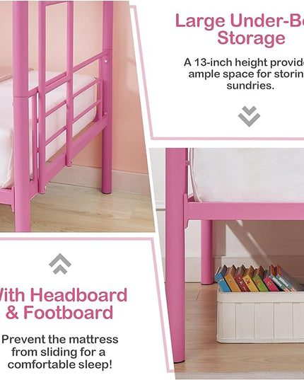 VECELO Metal Bunk Bed Twin Over Twin, Industrial Bunkbeds with Ladder and Full-Length Guardrail, Noise Free, No Boxing Spring Needed, Pink - LeafyLoom