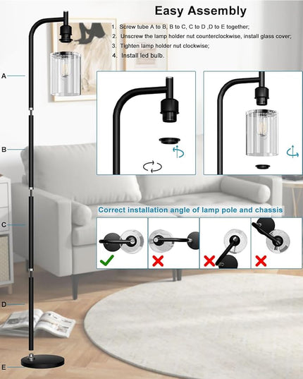 Lightdot 63IN Dimmable Industrial Floor Lamp, Black Modern Standing Lamps with Clear Glass Lampshade, E26 LED Bulb Included, Farmhouse Floor Lamp for Living Room Bedroom - LeafyLoom