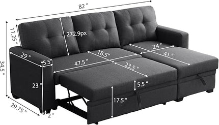 L Shape Sleeper Sofa Bed with Storage, Large Full Size Pull Out Sectional Couch, Futon Chaise Lounge Recliner for Living Room, Apartment, Bedroom, Office, Dark grey - LeafyLoom