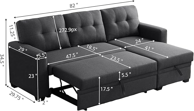L Shape Sleeper Sofa Bed with Storage, Large Full Size Pull Out Sectional Couch, Futon Chaise Lounge Recliner for Living Room, Apartment, Bedroom, Office, Dark grey - LeafyLoom