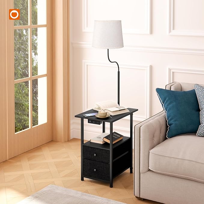 addlon Floor Lamp with Side Table, Nightstand with Charging Station, 3 Color Temperatures 9W LED Bulb, Floor Lamps for Living Room, Bedroom, Storage End Tables Living Room - Black - LeafyLoom
