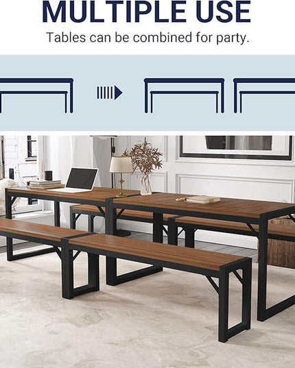 Allewie 3-Piece Kitchen Dining Table Sets with Benches, Sturdy Triangle Structure, Space-Saving, Multifunctional for Dining Room/Living Room/Studio, Dark Brown & Black - LeafyLoom