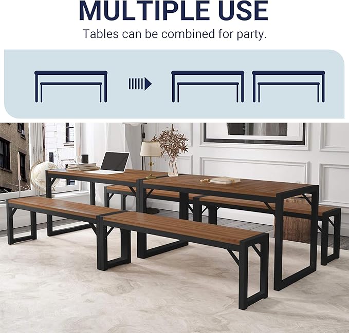 Allewie 3-Piece Kitchen Dining Table Sets with Benches, Sturdy Triangle Structure, Space-Saving, Multifunctional for Dining Room/Living Room/Studio, Dark Brown & Black - LeafyLoom