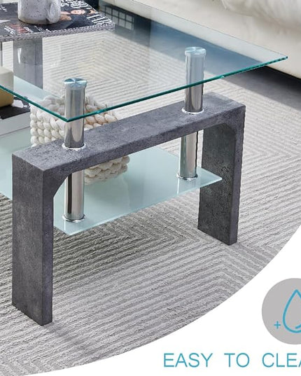 Living Room Rectangle Coffee Table, Tea Table Suitable for Waiting Room, Modern Side Coffee Table with Wooden Leg, Glass Tabletop with Lower Shelf,Grey Marble - LeafyLoom