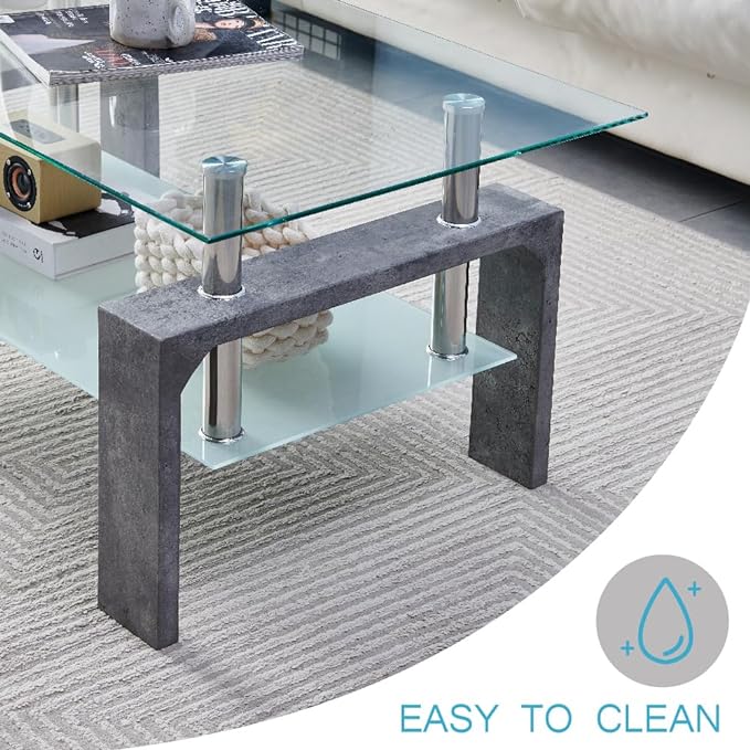Living Room Rectangle Coffee Table, Tea Table Suitable for Waiting Room, Modern Side Coffee Table with Wooden Leg, Glass Tabletop with Lower Shelf,Grey Marble - LeafyLoom