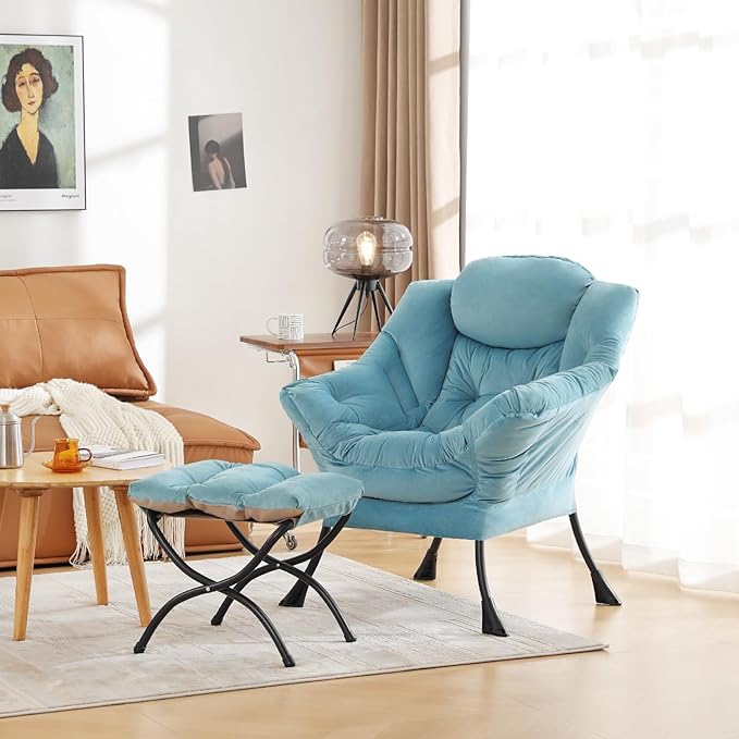 Cozy Lazy Chair and Ottoman, Large Contemporary Accent Lounge Chair Set, Leisure Upholstered Reading Armchair for Bedroom, Living Room, Dorm Rooms, Office - LeafyLoom