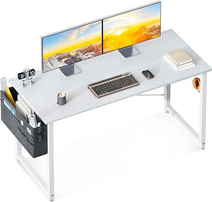 ODK Computer Desk Large Office Desk, 48 Inch Writing Desk with Storage, Modern PC Desk Work Table with Headphone Hook for Home Office, White + White Leg - LeafyLoom