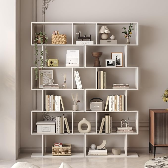 Yusong S Shaped Bookshelf, Modern Geometric Bookcase, 6-Tier White Display Case Book Shelf - LeafyLoom