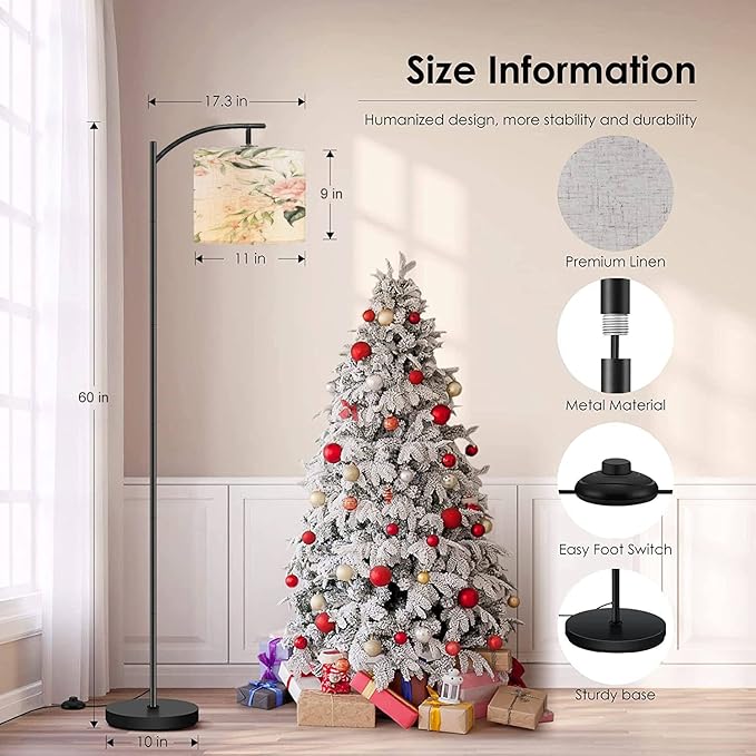 Modern Arc Floor Lamp with Dimmer Mid Century Seamless watercolor floral pink flowers green leaves branches white Metal Standing Lamp with Linen Shade Footswitch for Living Room Bedroom Office - LeafyLoom
